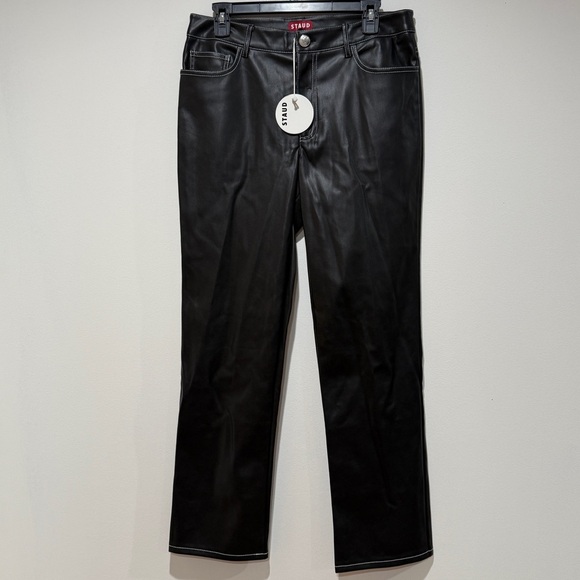 NWT STAUD Elliot Vegan Leather Straight-Leg Pants Sz 10 Black Fall Staple Timele - Picture 1 of 12